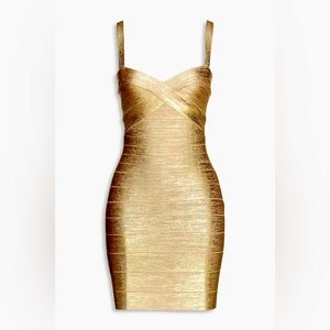BNWT Hervé Leger Gold Foil Bandage Mini Dress - Strapless, Sweetheart Neckline
